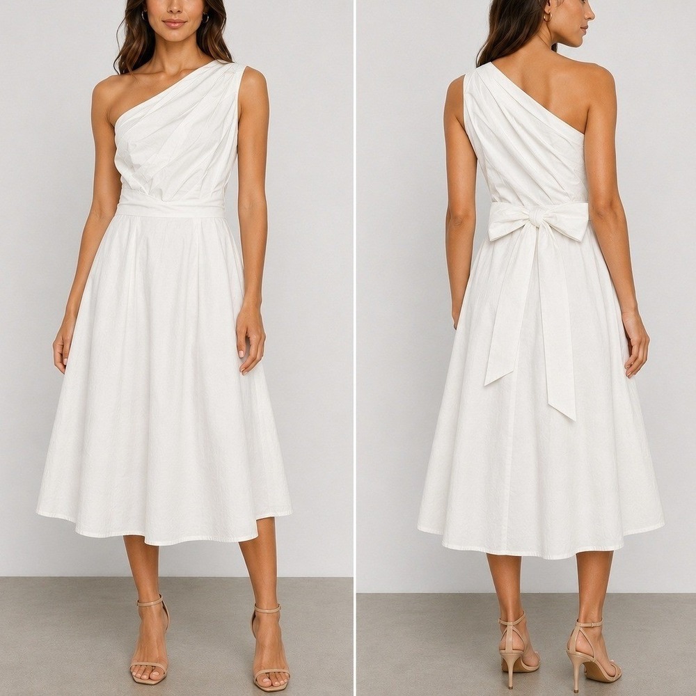 Banana Republic Midi Dress 8 White One‎ Shoulder Pleated Tie Back Summer Wedding